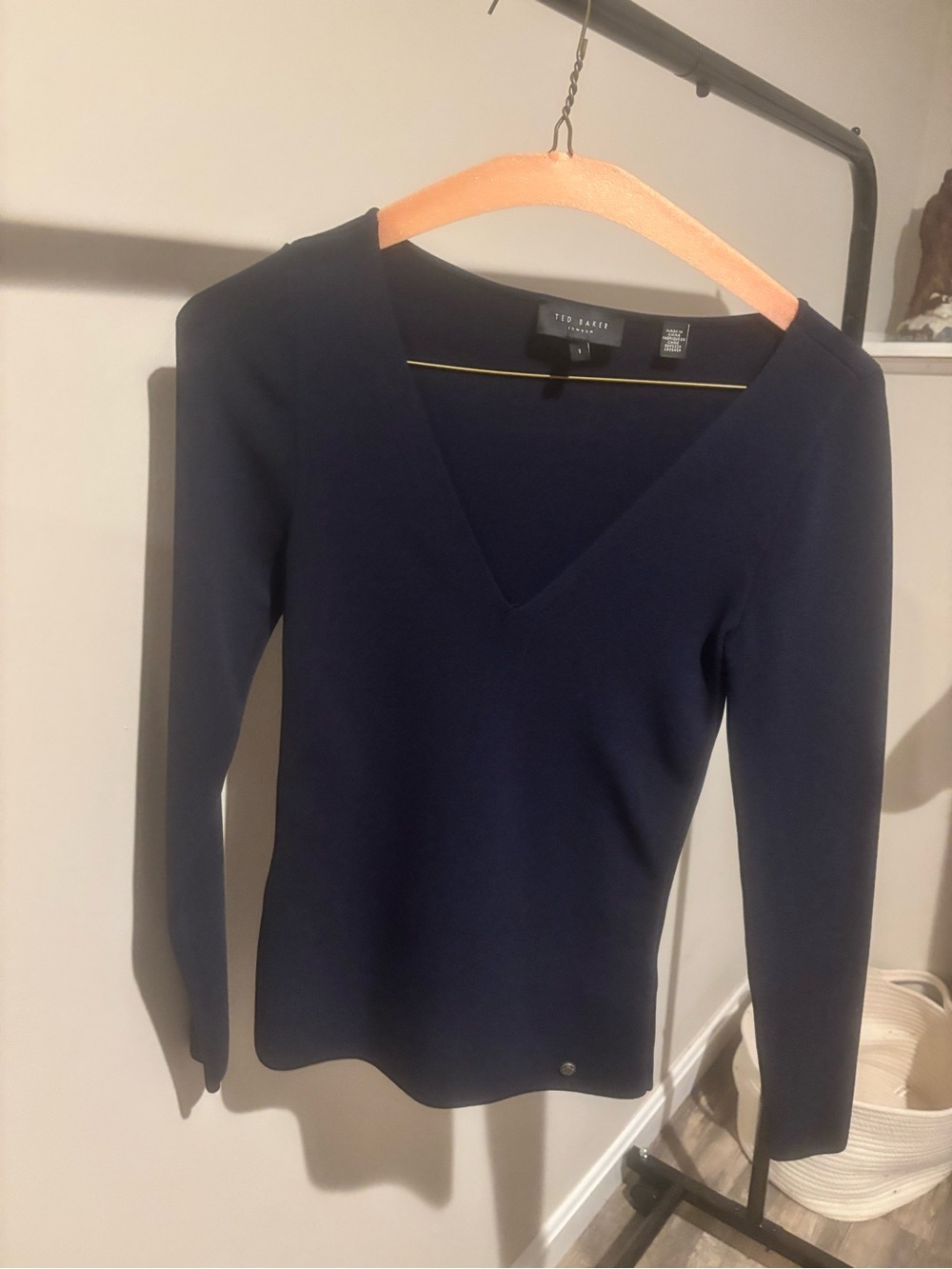 Ted Baker Navy V-Neck Long Sleeve Top with Subtle Logo